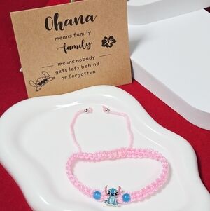 Disney Stitch Pink Cord Bracelet Ohana Means Family Beaded Charm Adjustable NWT